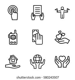 hold vector icons. Set of 9 hold outline icons such as man with flags, home care, holding document, holding globe, touchscreen, walkie talkie