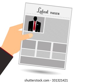 Hold in your hand a newspaper. Read the newspaper. Man in a suit and red tie. View news in the newspaper. Vector illustration.
