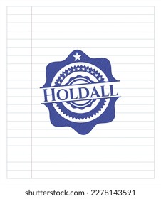 Holdall emblem with pen effect. Blue ink. Vector Illustration. Detailed. 