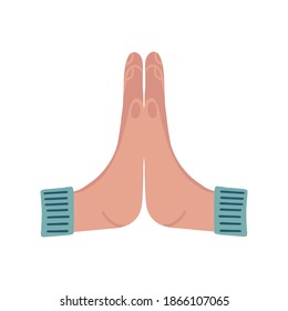 Holded two palms. Namaste hands sign. Flat vector illustration on white background.