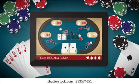 Hold'em poker app with users playing online on tablet, chips and cards all around