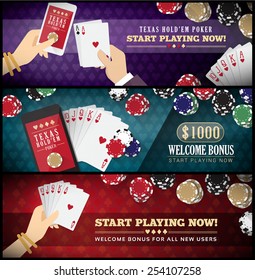 Hold'em poker banner set with smartphone, full scale, chips and male and female hands