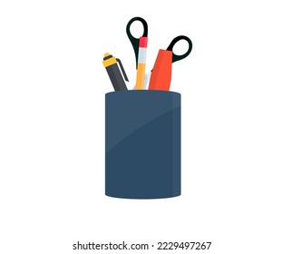 Holderkorb, Bürobecher mit Bleistiften und Schreibtischlogo-Design. Inhaber voll mit Stift und Bleistift Vektordesign und Illustration.