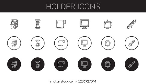 holder icons set. Collection of holder with stand, coffee cup, display, rising. Editable and scalable holder icons.