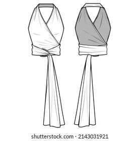 Holder Neck Wrap Around Crop Top Front and Back View Fashion Illustration, Vector, CAD, Technical Drawing, Flat Drawing.