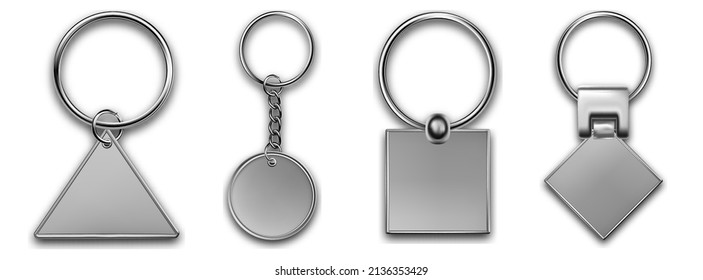 Holder trinket in other shapes isolated on white background. Realistic template metal keychain set. Trinket keyring, keyholder and breloque illustration.