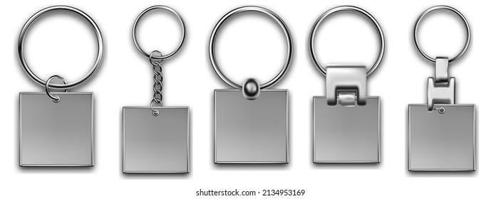 Holder trinket in square shapes isolated on white background. Realistic template metal keychain set. Trinket keyring, keyholder and breloque illustration.