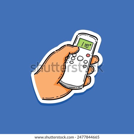 holding the ac remote control, turn on the ac remote cartoon sticker design vector illustration isolated in a blue background. Air Condition. Remote control of air conditioner. Temperature adjustment.