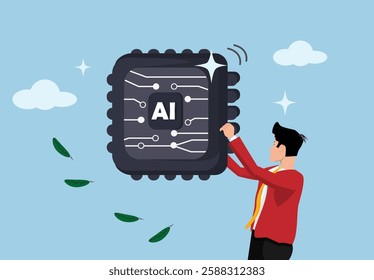  Holding AI, adoption of Artificial Intelligence, users or people who use AI to help and support work success, business people carry AI processing chips