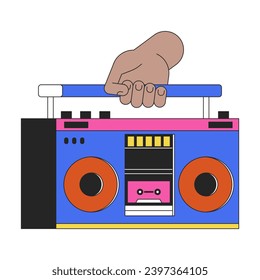 Holding audio boombox linear cartoon character hand illustration. Carrying boom box outline 2D vector image, white background. Old-fashioned equipment with tape cassette editable flat color clipart