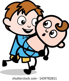 Holding a Baby and Running - School Boy Cartoon Character Vector Illustration