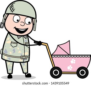 Holding a Baby Stroller - Cute Army Man Cartoon Soldier Vector Illustration