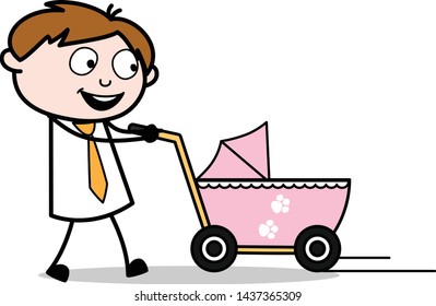 Holding a Baby Stroller - Office Salesman Employee Cartoon Vector Illustration