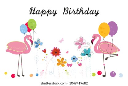 Holding balloon flamingos. Spring time colorful doodle flowers vector background