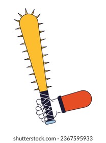 Holding baseball bat with nails flat line concept vector spot illustration. Dangerous weapon 2D cartoon outline hand on white for web UI design. Fight editable isolated color hero image