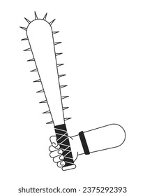 Holding baseball bat with nails flat monochrome isolated vector hand. Dangerous weapon. Editable black and white line art drawing. Simple outline spot illustration for web graphic design