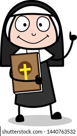 Holding a Bible Book - Cartoon Nun Lady Vector Illustration