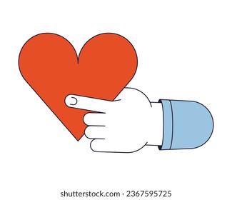 Holding big heart flat line color isolated vector object. Share love. Editable clip art image on white background. Simple outline cartoon spot illustration for web design