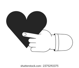 Holding big heart flat monochrome isolated vector object. Share love. Editable black and white line art drawing. Simple outline spot illustration for web graphic design