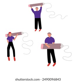 holding big Pencils. Creative young man with pencil in hand. Cute and adorable cartoon style vector illustration. Be inspired to draw, write, create and design. Perfect concept