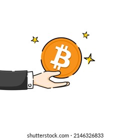 Holding bitcoin. The hand is holding a bitcoin.