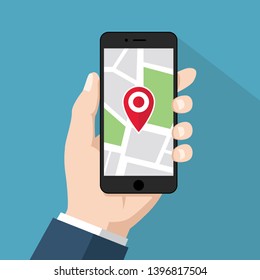 Holding black digital smartphone with map & marker in hand, flat design mobile gps navigation & tracking graphic illustration vector for ads app web banner ui ux interface isolated on blue background