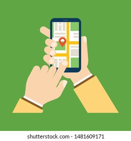 Holding black digital smartphone with map & marker in hand, flat design mobile GPS navigation