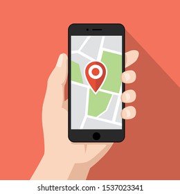 Holding black digital smartphone with map  marker in hand, flat design searching gps navigation concept, mobile graphic vector for app ads web banner ui ux interface isolated on orange background