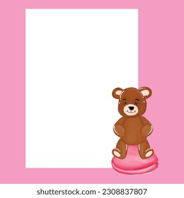 holding blank invitation with watercolor teddy bear