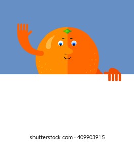 Ã�?range holding a blank sheet and waving hand greeting. Flat style vector illustration. Funny cartoon character for agriculture or food design, tropical citrus fruit