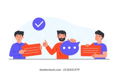 Holding blank sign. Characters communicate, active society. Group of people, models for posters and banners with speech bubbles. Graphic elements for website. Cartoon flat vector illustration