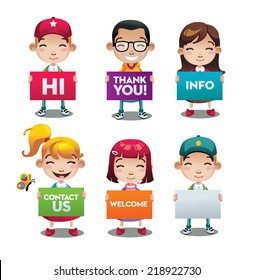  Holding Board Sign Kids Thank You, Hi, Info, Welcome, Cartoon Isolated Vector Illustration