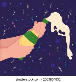 Holding bottle with pouring sparkling wine flat color vector illustration. Celebrating festive event. Holding glass with alcoholic fuzzy drink 2D cartoon first view hand with abstract background
