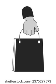 Holding branded paper bag cartoon human hand outline illustration. Carrying shopping bag 2D isolated black and white vector image. Sales clothing store packaging flat monochromatic drawing clip art