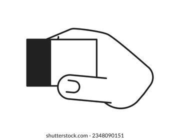 Holding building block monochromatic flat vector hand. Play constructor. Preschooler with kindergarten toy. Editable thin line body part on white. Simple bw cartoon spot image for web graphic design