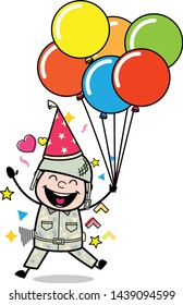Holding Bunch of Balloons and Getting Excited - Cute Army Man Cartoon Soldier Vector Illustration