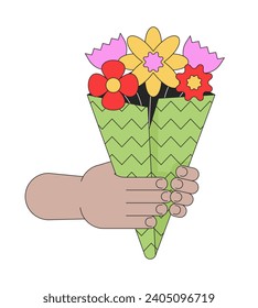 Holding bunch of flowers linear cartoon character hands illustration. Women day. Gifting wildflowers bouquet outline 2D vector image, white background. Carrying floral gift editable flat color clipart