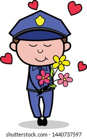 Holding a Bunch of Flowers - Retro Cop Policeman Vector Illustration