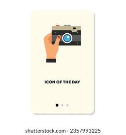Holding camera flat icon. Hand holding classic camera isolated vector sign. Motion and action concept. Vector illustration symbol elements for web design and apps