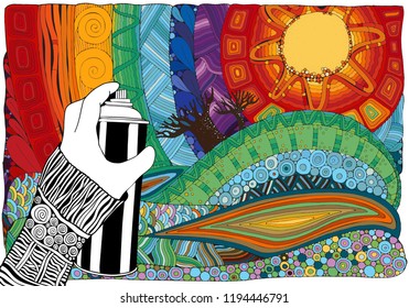 Holding a Can of Spray Paint. Fantasy color picture. Beautiful landscape, trees. Sun. Mountains and plains. Hand-drawn, ethnic, doodle, vector, zentangle.