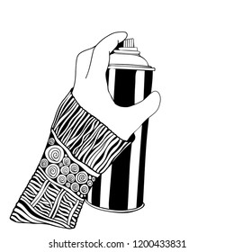 Holding a Can of Spray Paint. Isolated. Black and white. Doodle style. Adult Coloring book page.