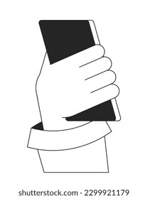 Holding cellphone back view bw vector spot illustration. Use electronic gadget 2D cartoon flat line monochromatic first view hand on white for web UI design. Tech editable isolated outline hero image