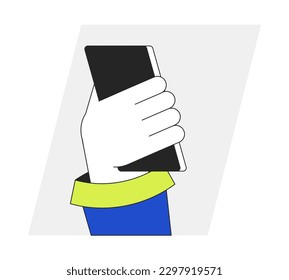 Holding cellphone back view flat line vector spot illustration. Using electronic gadget 2D cartoon outline first view hand on white for web UI design. Tech editable isolated colorful hero image