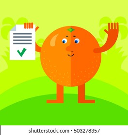 Ã�?range  holding check list. Flat style vector illustration. Funny cartoon character for agriculture or food design, tropical citrus fruit