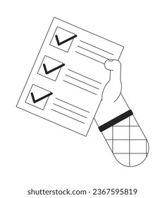 Holding checklist bw concept vector spot illustration. Completed tasks. To do list 2D cartoon flat line monochromatic hand for web UI design. Editable isolated outline hero image