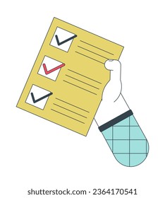 Holding checklist flat line concept vector spot illustration. Completed tasks. To do list 2D cartoon outline hand on white for web UI design. Editable isolated color hero image