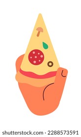 Holding cheese pepperoni pizza slice semi flat colour vector first view hand. Party snack. Fastfood. Editable cartoon style icon on white. Simple spot illustration for web graphic design and animation