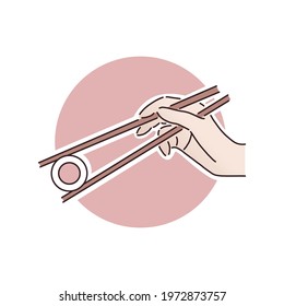 Holding chopsticks with sushi roll on circle background. Poster, logo, background or icon. Line vector art. 