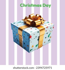 holding Christmas gift box decorated with evergreen branch on red background with snow