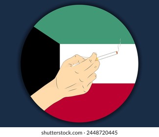 Das Halten einer Vektorgrafik mit der Flagge Kuwaits, Raucher- und Suchtidee, Rauchsüchtig in Kuwait, ungesunde und schlechte Angewohnheit, brennende Zigarettengestaltung, Rauchproblem